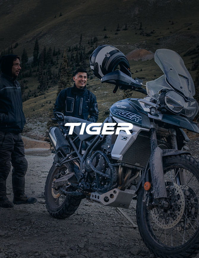 Triumph Tiger stationary shot with text overlay saying tiger